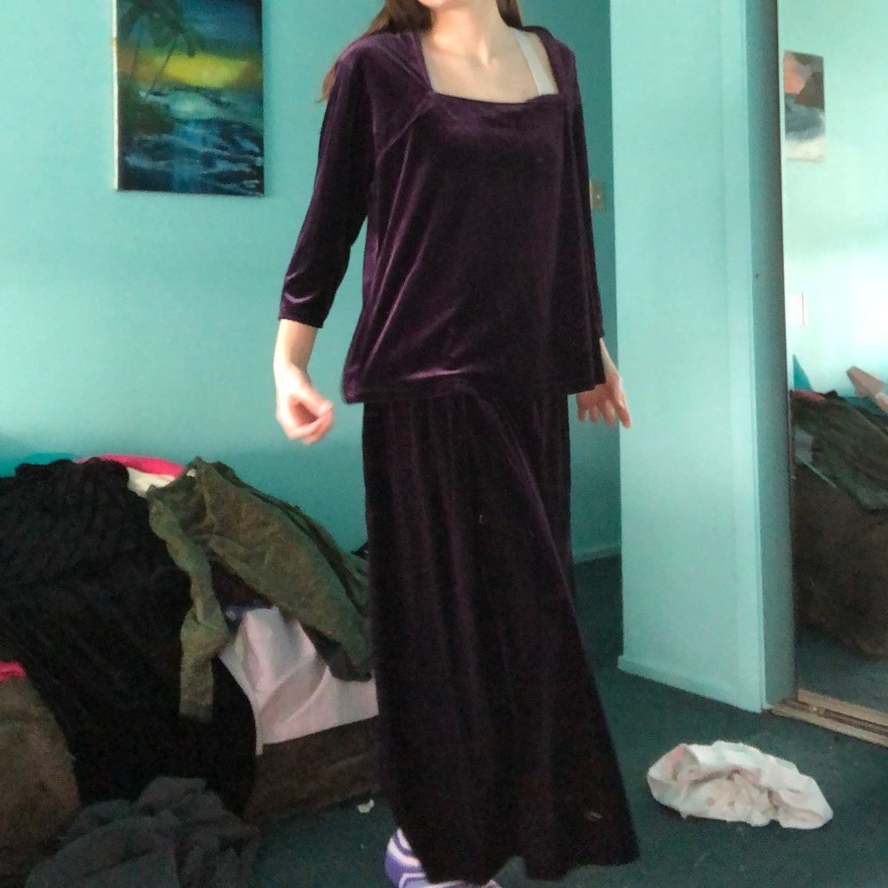 Purple velvet top and maxi skirt set